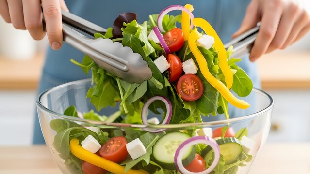 Close-up of hands serving fresh vibrant mixed greens salad into a glass bowl - Powered by Adobe