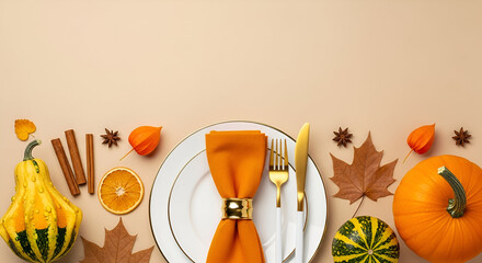 Autumnal Table Setting with Pumpkins and Maple Leaves