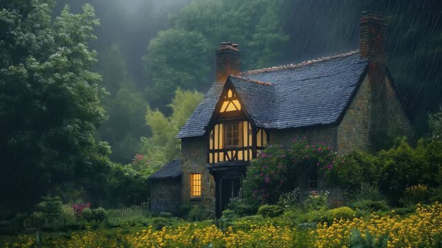 A quaint cottage sits in a colorful garden filled with yellow flowers, while gentle rain falls in a serene, misty setting. Lush greenery surrounds this peaceful retreat.