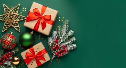 Christmas Flat Lay with Gifts Ornaments and Pine Branch