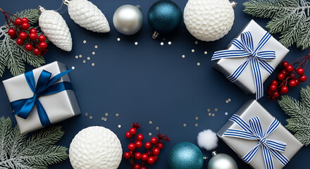 Christmas Flat Lay with Gifts Ornaments and Pine Branches
