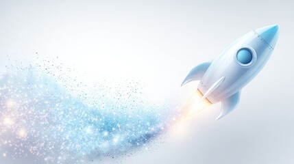 Fototapeta premium Blue rocket poised for flight against clean white backdrop detailed blue rocket model presented on bright white surface