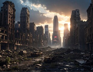 Devastated city street, crumbling buildings, debris, and dramatic sunlight filter through clouds