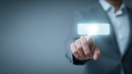 Man in suit touches button on control panel executive activates device with focused attention