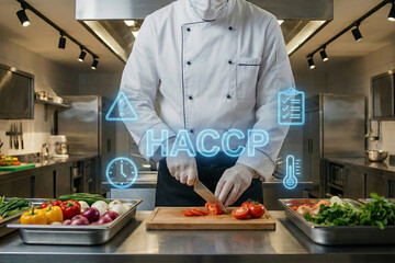 Professional chef cutting fresh vegetables in commercial kitchen with digital HACCP safety interface icons for culinary hygiene and restaurant standard compliance