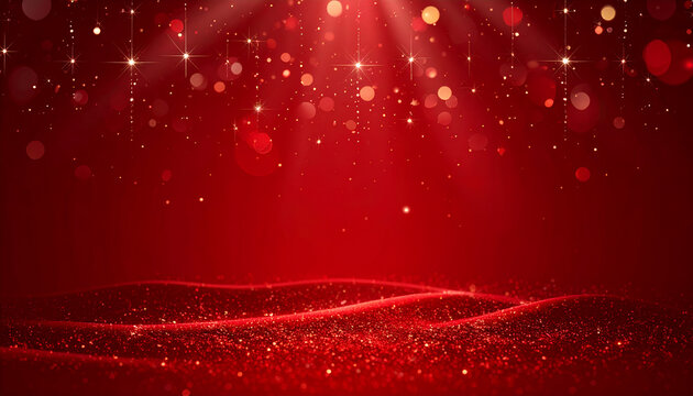 A festive red background displays glowing bokeh lights and sparkling glitter particles creating a