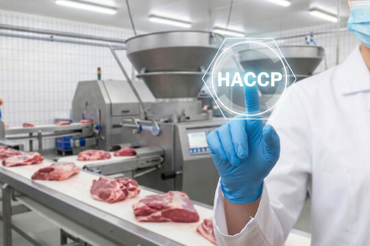 Industrial worker using touchscreen interface for HACCP control on raw meat processing conveyor belt in automated food factory production line