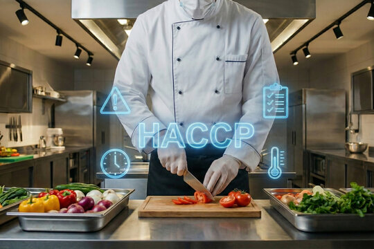 Professional chef cutting fresh vegetables in commercial kitchen with digital HACCP safety interface icons for culinary hygiene and restaurant standard compliance