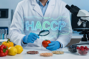 Scientist inspecting fresh tomato with magnifying glass in laboratory with futuristic HACCP neon interface for agricultural food safety and biological research