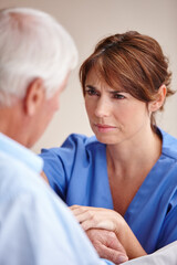 Nurse, holding hands and comfort with senior man, homecare or empathy with woman. Caregiver,...