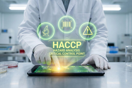 Scientist using digital tablet with futuristic HACCP hazard analysis hologram interface in laboratory for smart food safety management and technology data