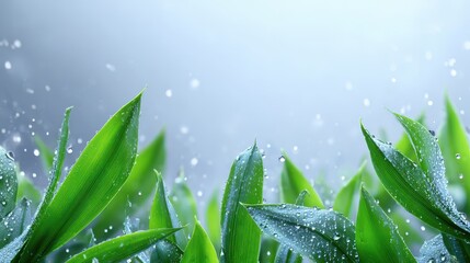 Green grass with water droplets in close up view tiny water drops cling to vibrant green grass blades
