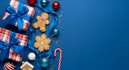 Christmas gifts and decorations on a blue background