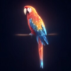 Low poly macaw silhouette with geometric patterns in blue and orange, glowing outlines on black background, modern digital art