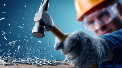 Man in hard hat holds hammer worker prepares for construction with safety gear tool