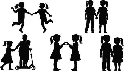 Black Silhouette Collection of Young Children Running, Playing, Riding Scooter, and Making Heart Shape, Representing Childhood Friendship, Playtime, Bonding, and Active Fun Moments.