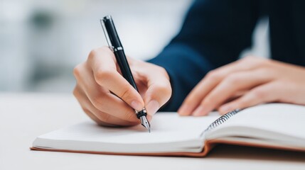 Person writes notes in notebook with pen individual records information in spiral notebook