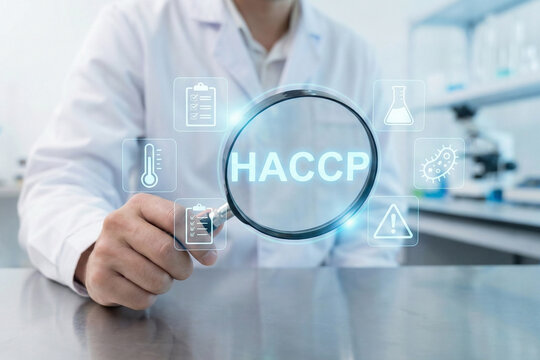 Laboratory researcher holding magnifying glass with HACCP acronym and scientific safety icons for detailed food quality inspection analysis concept and research - Powered by Adobe