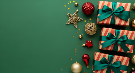 Christmas gifts and ornaments on green background presents