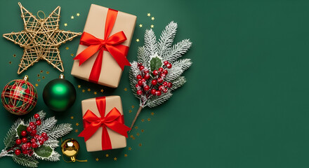 Christmas Gifts And Ornaments On Green Background With Copy Space