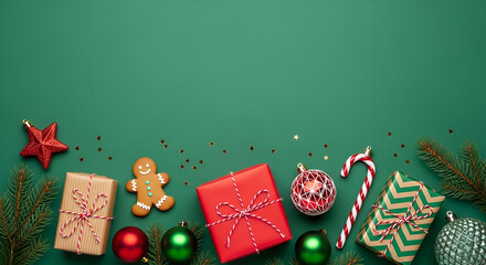 Christmas Gifts And Ornaments On Green Background presents
