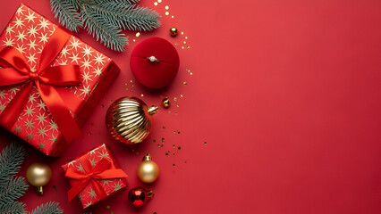 Christmas Gifts and Ornaments on Red Background present