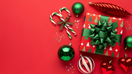 Christmas Gifts and Ornaments on Red Background present