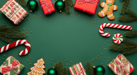 Christmas Holiday Frame With Gifts Ornaments And Cookies