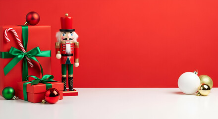 Christmas Nutcracker and Gifts on Red Background gift box