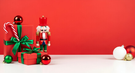 Christmas Nutcracker And Gifts On Red Background present