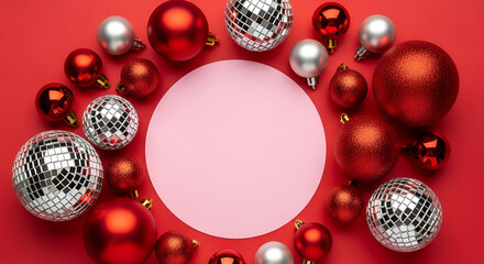 Christmas Ornaments and Disco Balls on Red Background