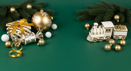 Christmas Ornaments and Train on Green Background bauble