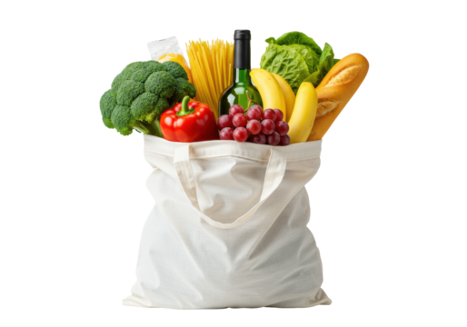 White reusable grocery bag overflowing with fresh produce, bread, pasta, and wine bottle, on transparent background, studio light, Concept of healthy grocery shopping and abundance - Powered by Adobe