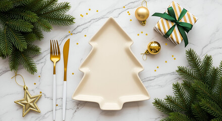 Christmas Table Setting with Tree Shaped Plate and Gold Cutlery