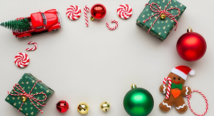 Christmas Toys and Gifts Border on Light Background