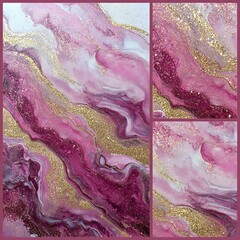Abstract fluid art painting with pink, white, and gold colors and glitter
