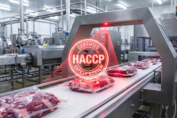 Automated red laser scanning system inspecting vacuum packed meat on conveyor belt for HACCP safety certification and foreign body detection in factory
