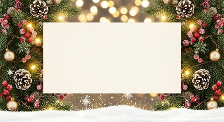 Create elegant holiday greetings with this blank card surrounded by festive pine, berries, and lights for a warm, cozy Christmas message this season