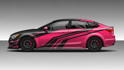 Side view of a pink and black sports car with racing stripes, showcasing design and style.