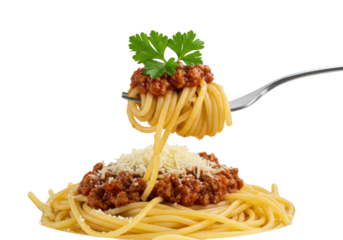 Extreme macro of perfectly twirled al dente Italian spaghetti with bolognese sauce, parmesan, and parsley on a silver fork, isolated on white background, concept of Italian cuisine