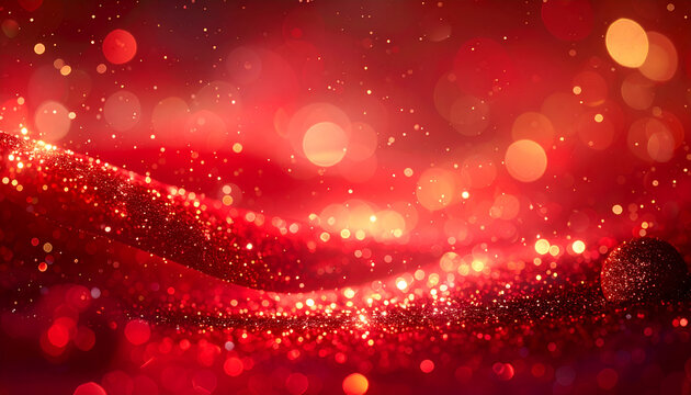 A vibrant festive red backdrop showcases glowing bokeh lights and a cascade of sparkling glitter