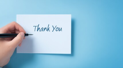 Hand writes thank you on note with pen close up of hand holding pen forming word on paper