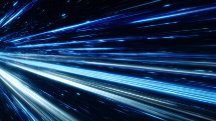 Speeding through a blue and white light tunnel in deep space.