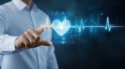 Man in white shirt touches illuminated heartbeat individual interacts with glowing heart rhythm display
