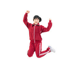 元気にジャンプする体育ジャージを着た女子学生　手作業で精密に切り抜いた背景透過全身写真PNG