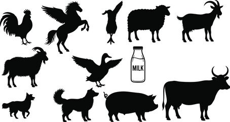 Black Silhouette Vector Collection of Farm Animals and Domestic Creatures Including Rooster, Cow, Pig, Sheep, Goat, Dog, Goose, and a Pegasus, with Milk Bottle Icon