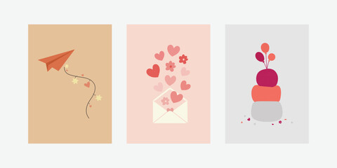 Set of Cute Love Theme Cards Paper Plane, Hearts Envelope, and Celebration Balloons Banner Templates