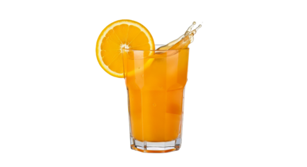 Refreshing orange juice with a slice of orange garnish and splash of liquid perfect for summer beverages and healthy lifestyle choices on transparent background