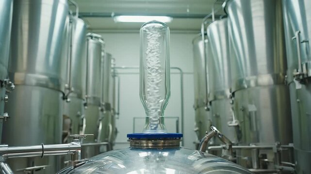 In a quiet fermentation room, a transparent airlock releases rhythmic bubbles as carbon dioxide escapes from the fermentation tank, surrounded by stainless steel tanks and soft light