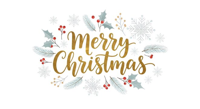 Elegant Merry Christmas greeting with gold lettering and festive winter foliage for cards, invites and holiday cheer, a timeless seasonal message